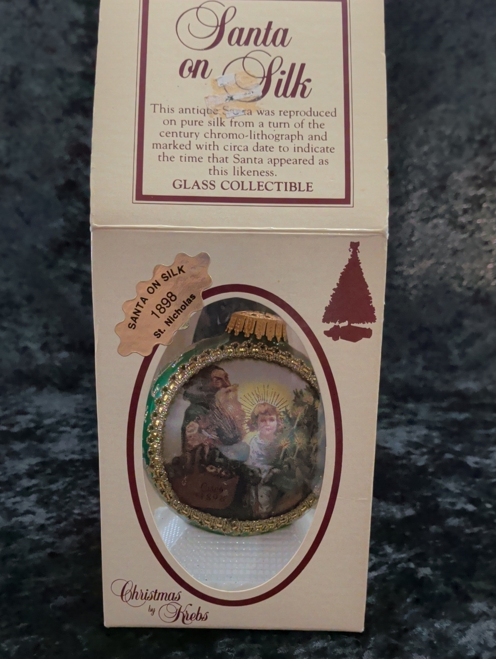 'Santa on Silk' Gold and Green Glass Ornament